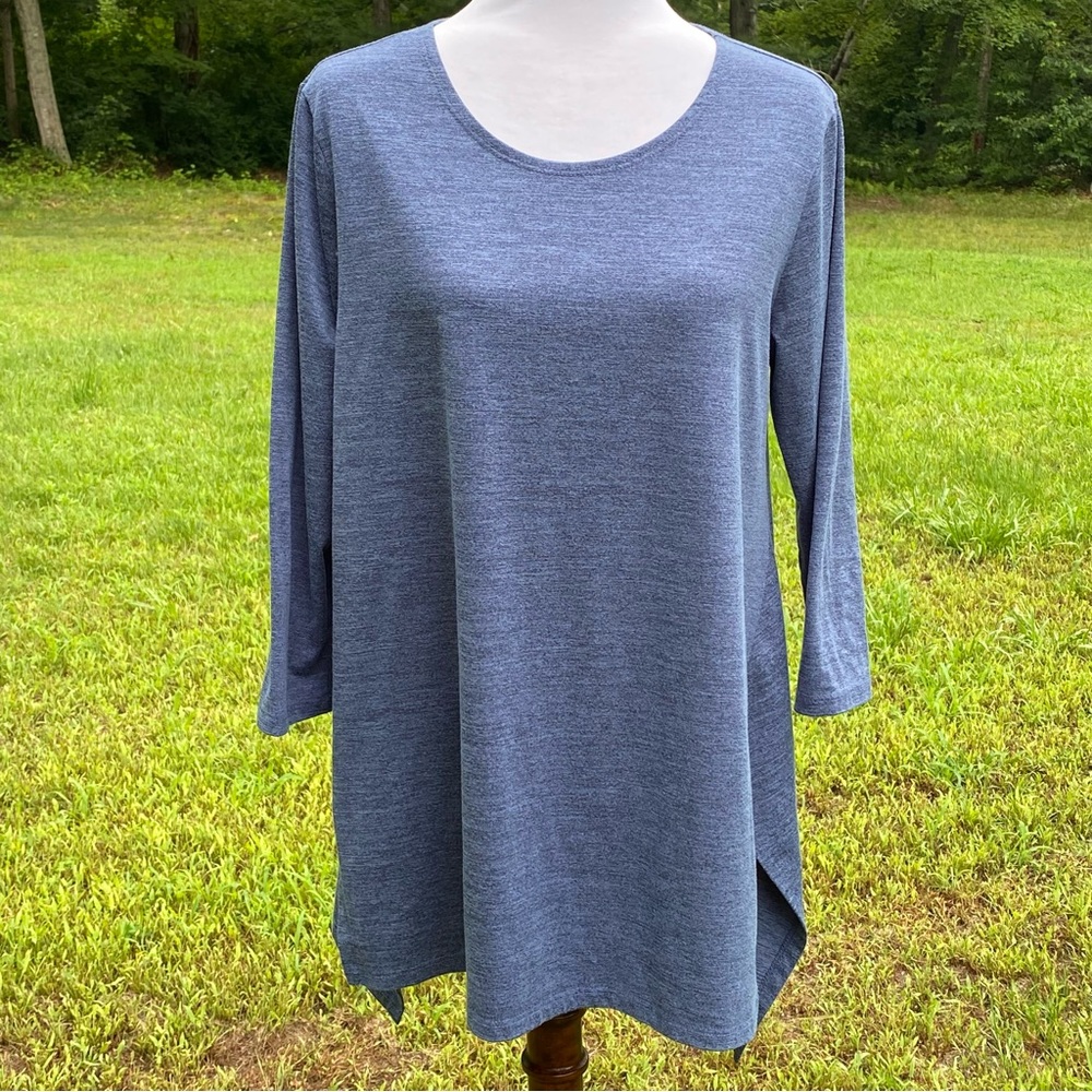 CLARA SUN WOO TOP TUNIC BLUE 3/4 SLEEVE ROUND NECK SIDE SLIT TRAPEZE SIZE L